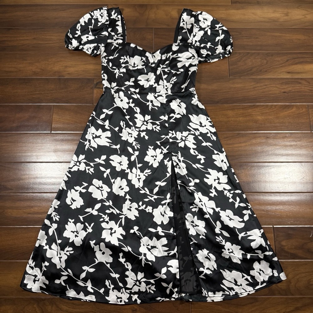 Bardot Women's Size US 12 Black Floral Gillian‎ Midi Dress Short Puff Sleeve